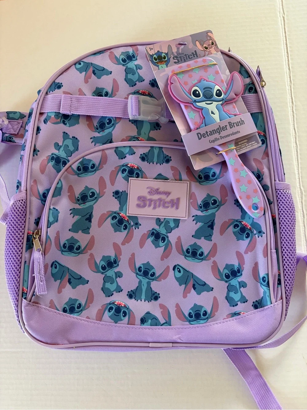 Disney Lavender Stitch Kids Backpack with Matching Detangler Brush